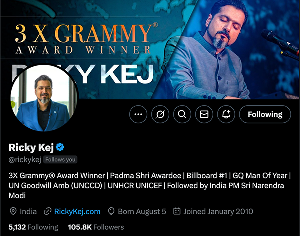 Ricky Kej Twitter Page